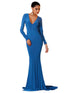 Backless Long Sleeves Mermaid Blue Evening Gown